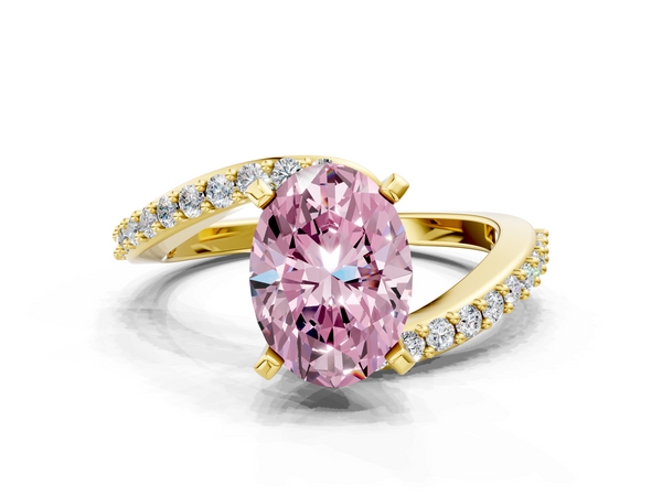 Yellow gold Fancy Pink Oval  Solitaire Twist Band with Pave Set Diamonds and Four-Prong Setting