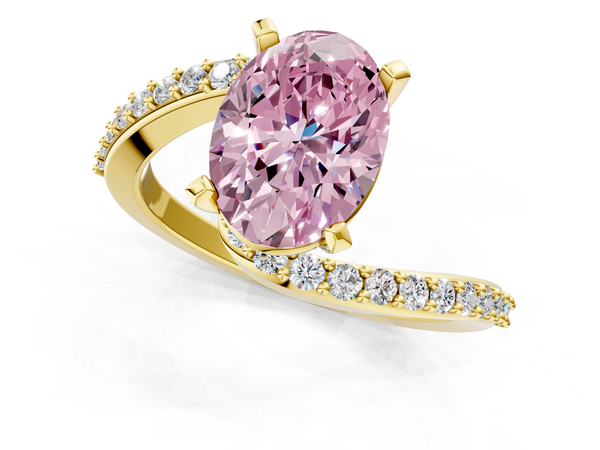 Yellow gold Fancy Pink Oval  Solitaire Twist Band with Pave Set Diamonds and Four-Prong Setting