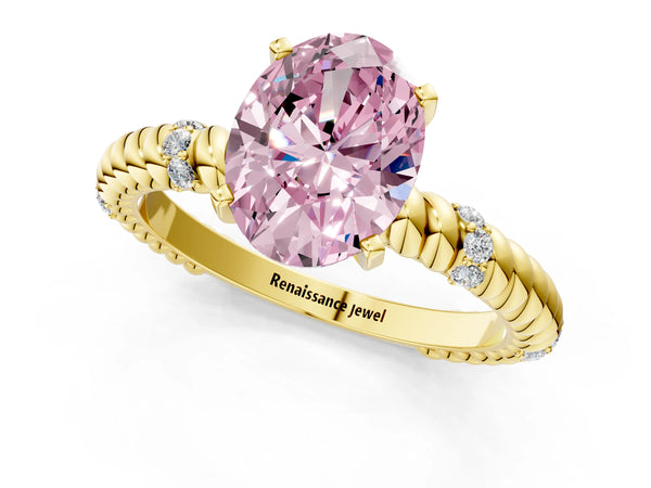 Yellow gold Fancy Pink Oval  Solitaire Twisted Band Prong Set Engagement Ring