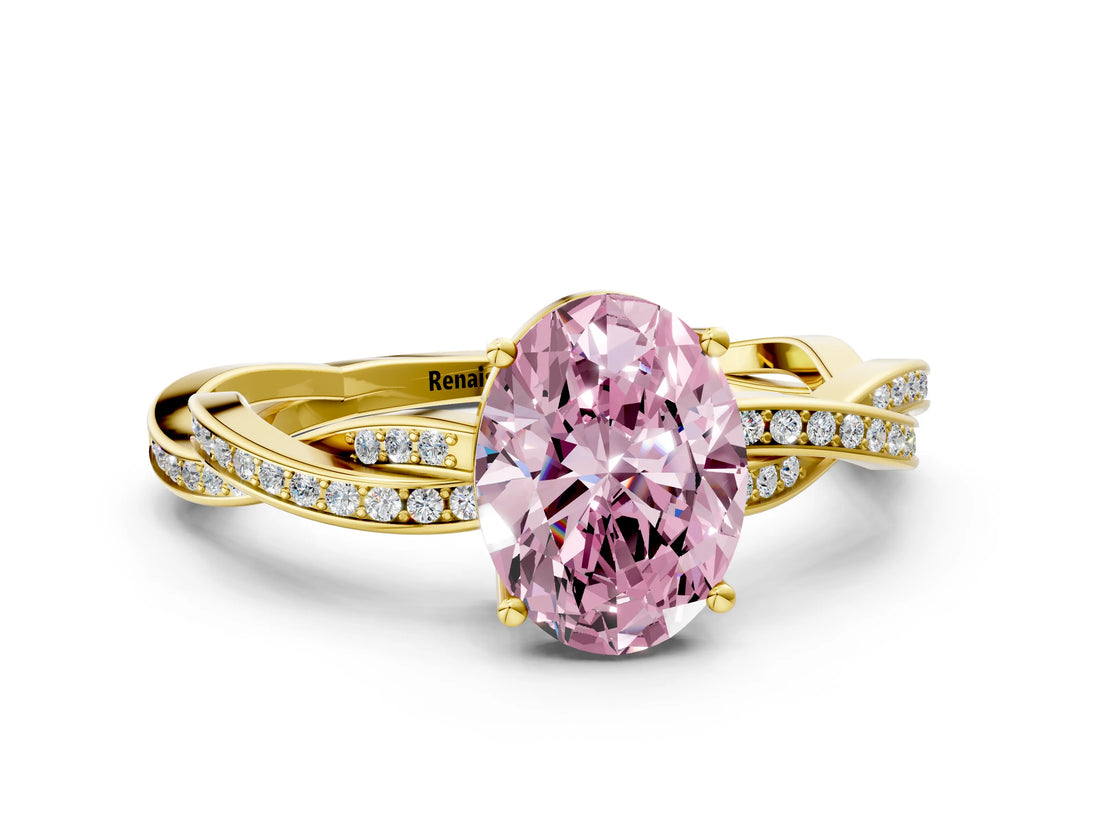 Yellow gold Fancy Pink Oval  Solitaire Twisted Pave Diamond Ring with Four-Prong Setting_12