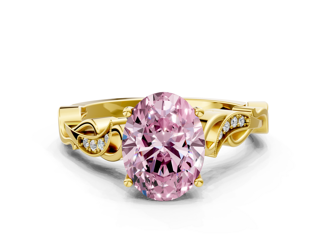 Yellow gold Fancy Pink Oval  Solitaire Vine Band with Milgrain Prong Setting_3
