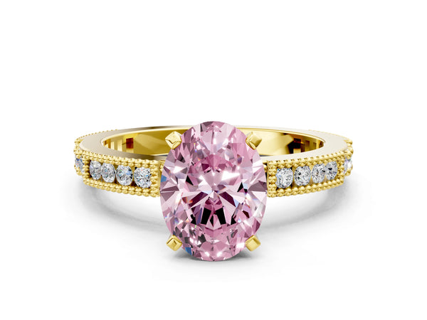 Yellow gold Fancy Pink Oval  Solitaire with Pavé Band and Four-Prong Setting