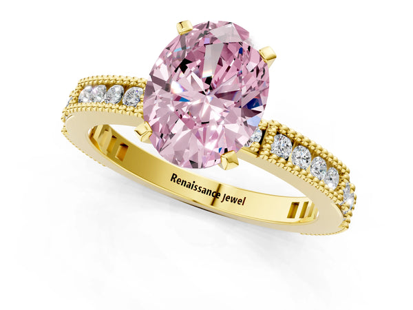 Yellow gold Fancy Pink Oval  Solitaire with Pavé Band and Four-Prong Setting