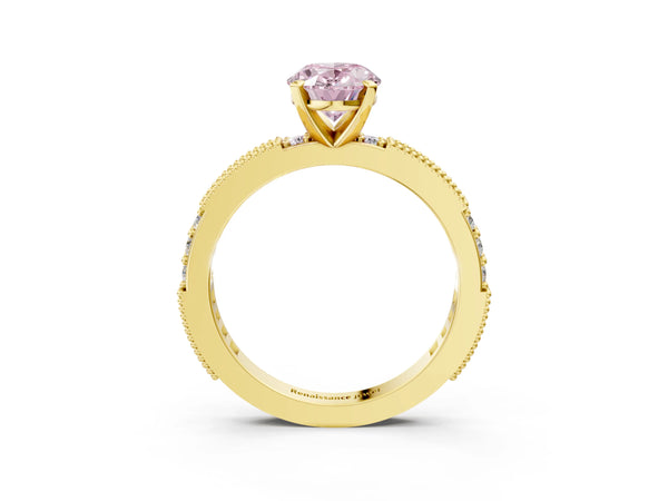Yellow gold Fancy Pink Oval  Solitaire with Pavé Band and Four-Prong Setting