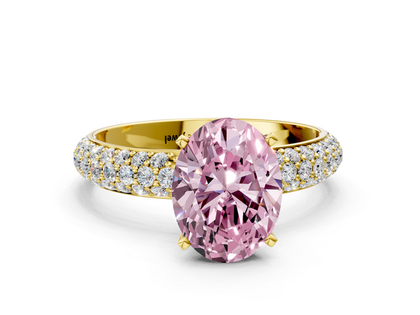 Yellow gold Fancy Pink Oval  Diamond Solitaire Ring with Prong Setting and Pavé Band