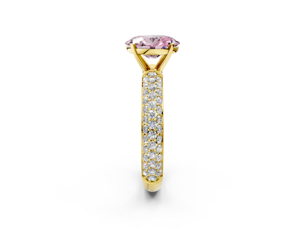 Yellow gold Fancy Pink Oval  Diamond Solitaire Ring with Prong Setting and Pavé Band