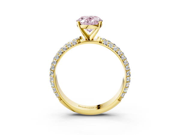 Yellow gold Fancy Pink Oval  Diamond Solitaire Ring with Prong Setting and Pavé Band