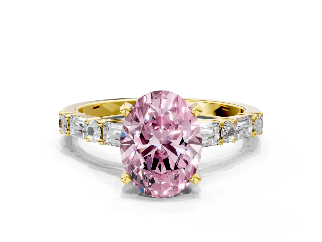 Yellow gold Fancy Pink Oval  Solitaire with Side Baguettes and Channel Set Band_45