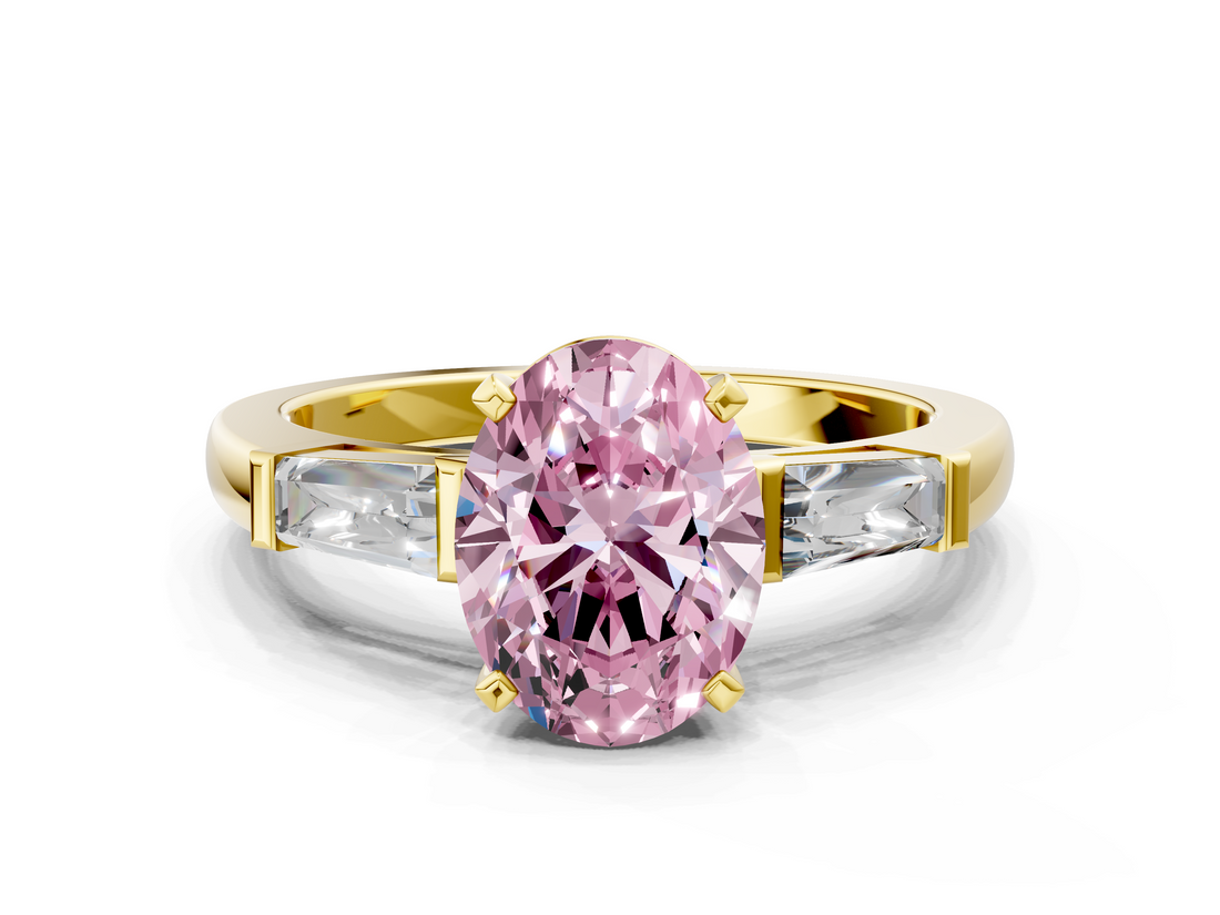 Yellow gold Fancy Pink Oval  Solitaire with Tapered Baguette Side Stones on a Classic Band with Four-Prong Setting_92