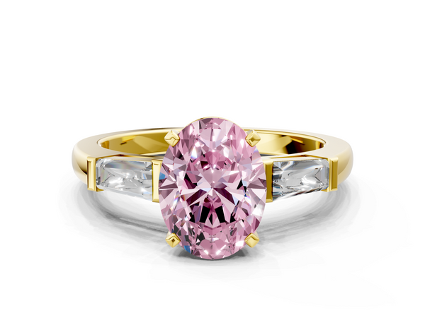 Yellow gold Fancy Pink Oval  Solitaire with Tapered Baguette Side Stones on a Classic Band with Four-Prong Setting