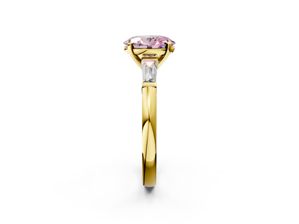 Yellow gold Fancy Pink Oval  Solitaire with Tapered Baguette Side Stones on a Classic Band with Four-Prong Setting