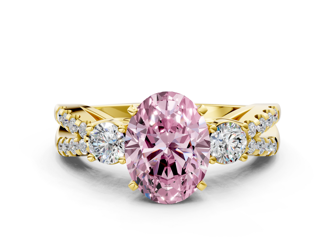 Yellow gold Fancy Pink Oval  Three-Stone Diamond Ring with Pavé Split Shank and Four-Prong Setting_96