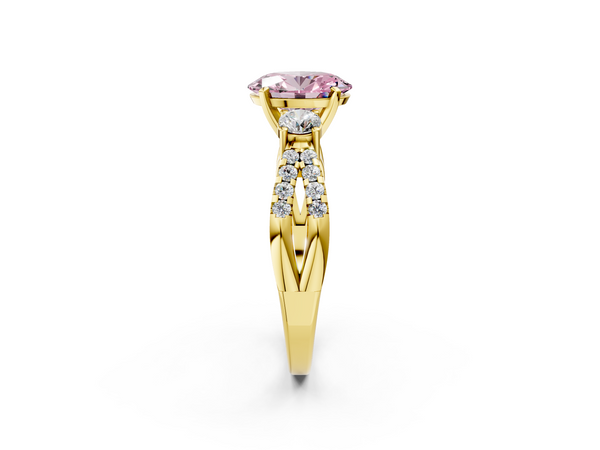 Yellow gold Fancy Pink Oval Cut Diamond Three-Stone Ring with Pavé Split Shank and Four-Prong Setting