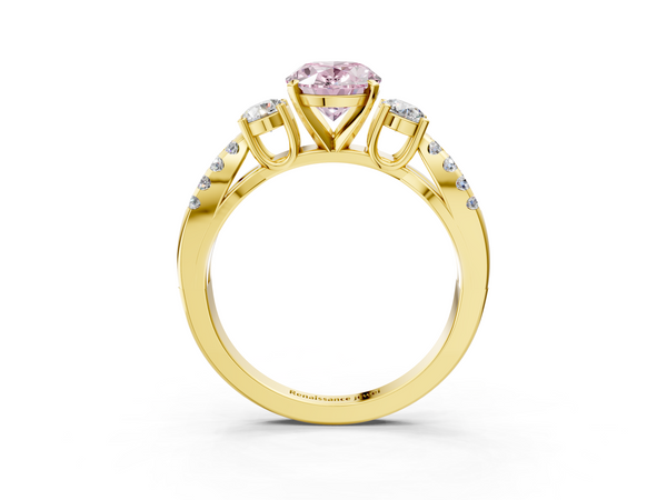 Yellow gold Fancy Pink Oval Cut Diamond Three-Stone Ring with Pavé Split Shank and Four-Prong Setting