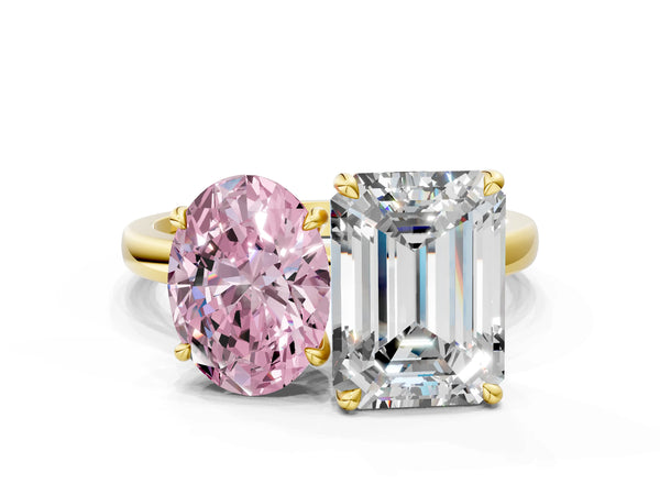 Yellow gold Fancy Pink Oval  and Emerald Cut Toi Moi Ring with Prong Setting