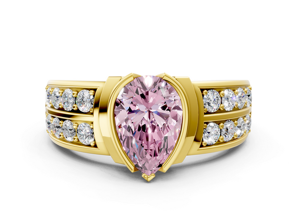 Yellow gold Fancy Pink Pear  Brilliant Diamond Channel Set Wide Band Ring with Bezel Setting