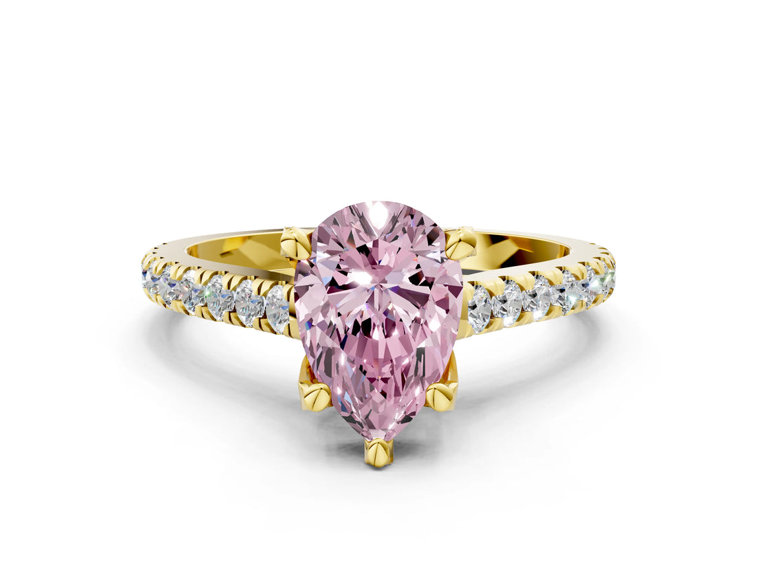 Yellow gold Fancy Pink Pear  Brilliant Diamond Solitaire with Pavé Band and Four-Prong Setting 1