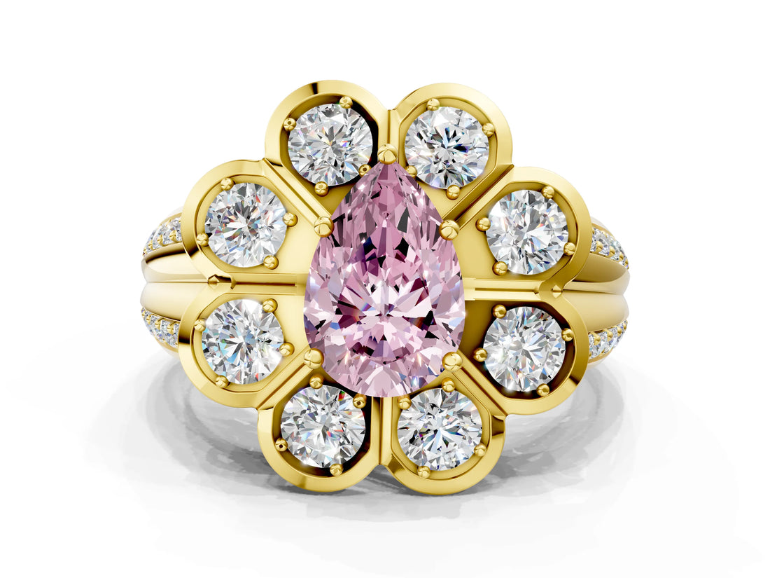 Yellow gold Fancy Pink Pear  Brilliant Flower Halo Diamond Split Shank Ring_51