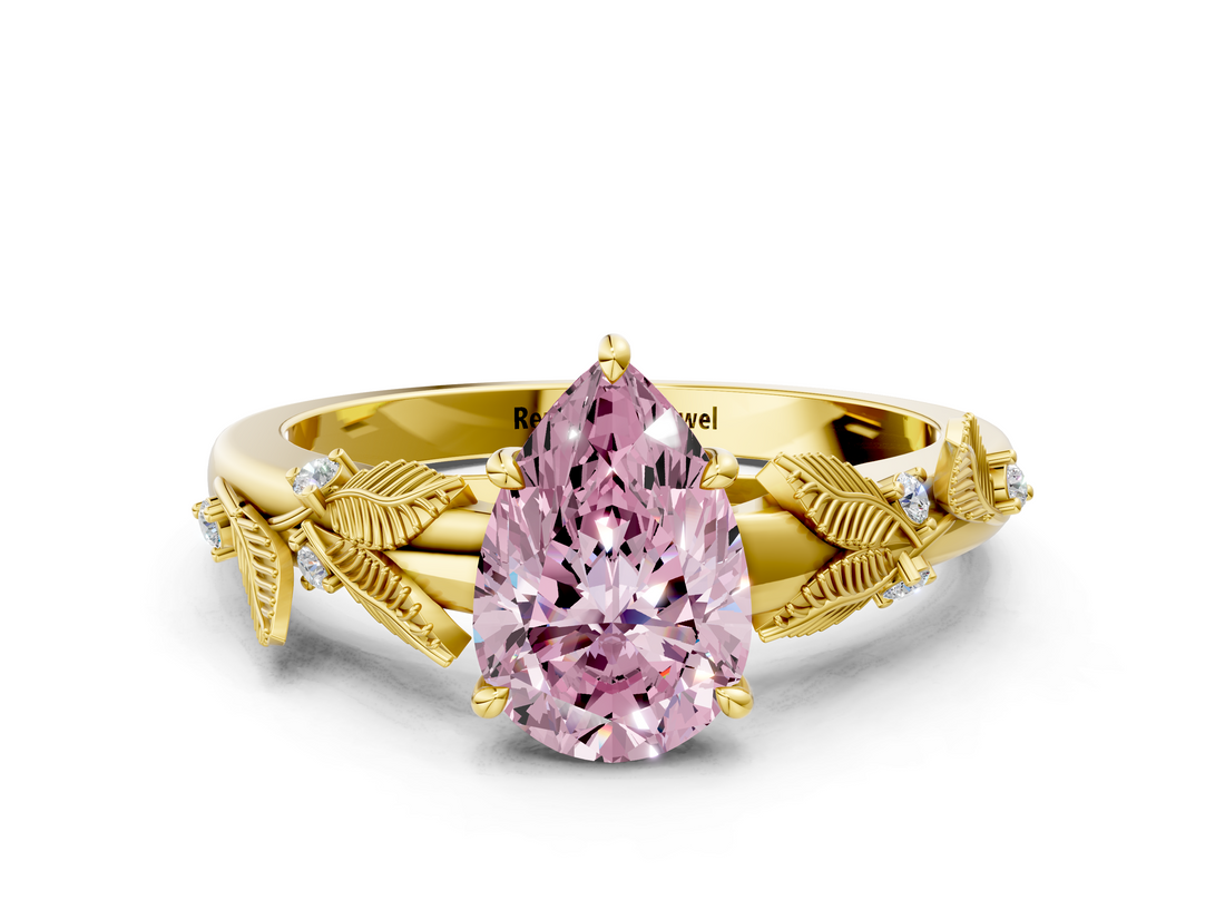 Yellow gold Fancy Pink Pear  Brilliant Solitaire with Leaf Motif Band and Four-Prong Setting_67