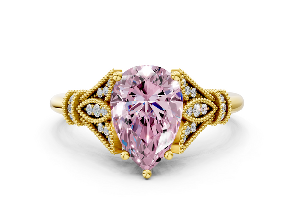 Yellow gold Fancy Pink Pear  Diamond Solitaire Ring with Floral Filigree and Pave Accents