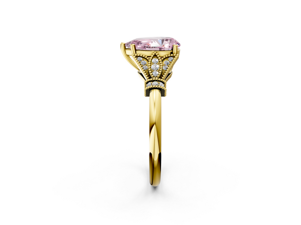 Yellow gold Fancy Pink Pear  Diamond Solitaire Ring with Floral Filigree and Pave Accents