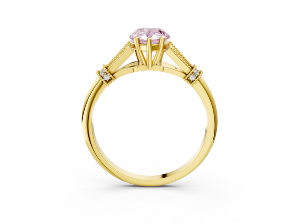 Yellow gold Fancy Pink Pear  Diamond Solitaire Ring with Floral Filigree and Pave Accents