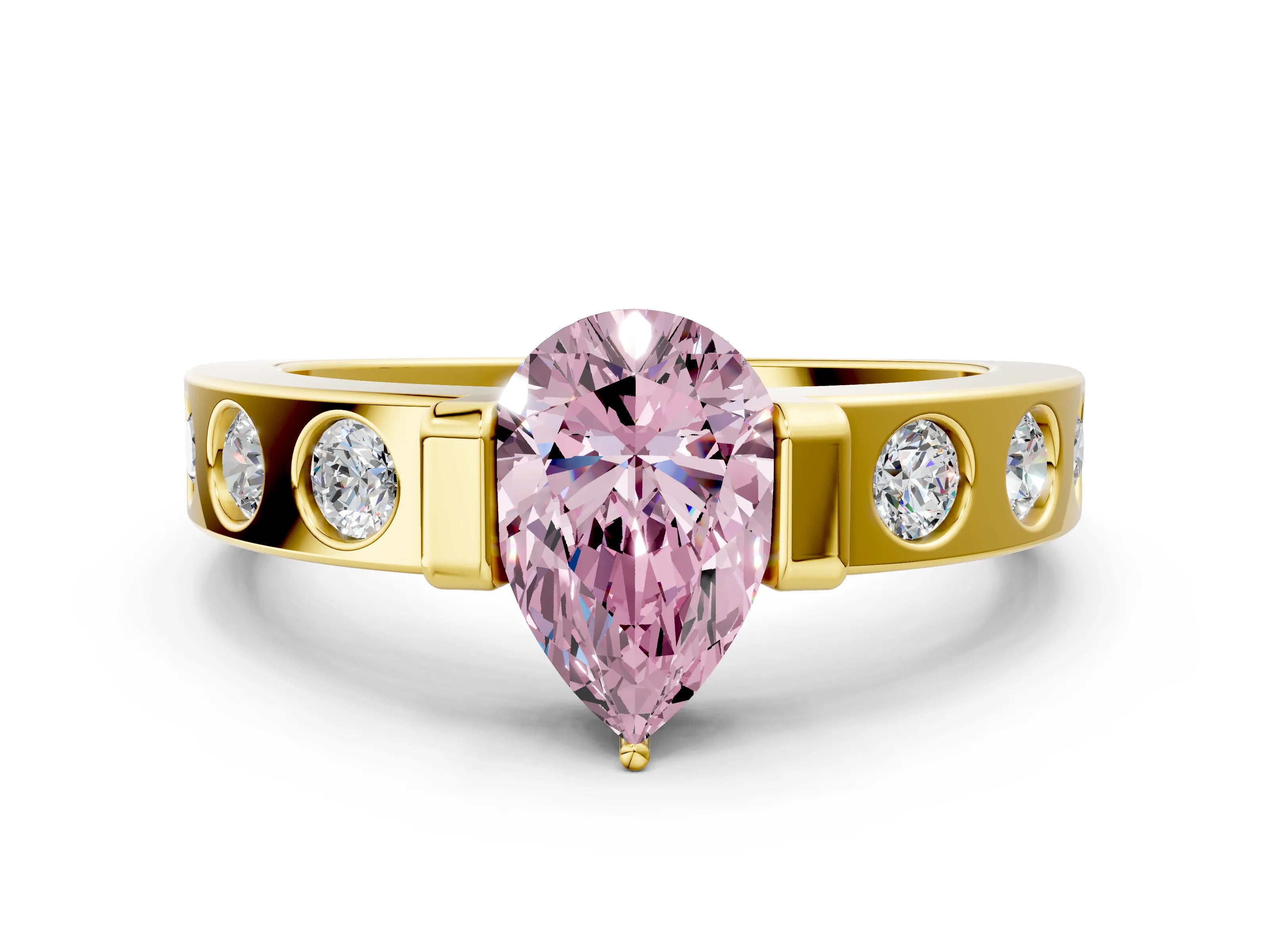 Yellow gold Fancy Pink Pear Cut Brilliant Channel-Set Diamond Ring with Bezel Prong Setting