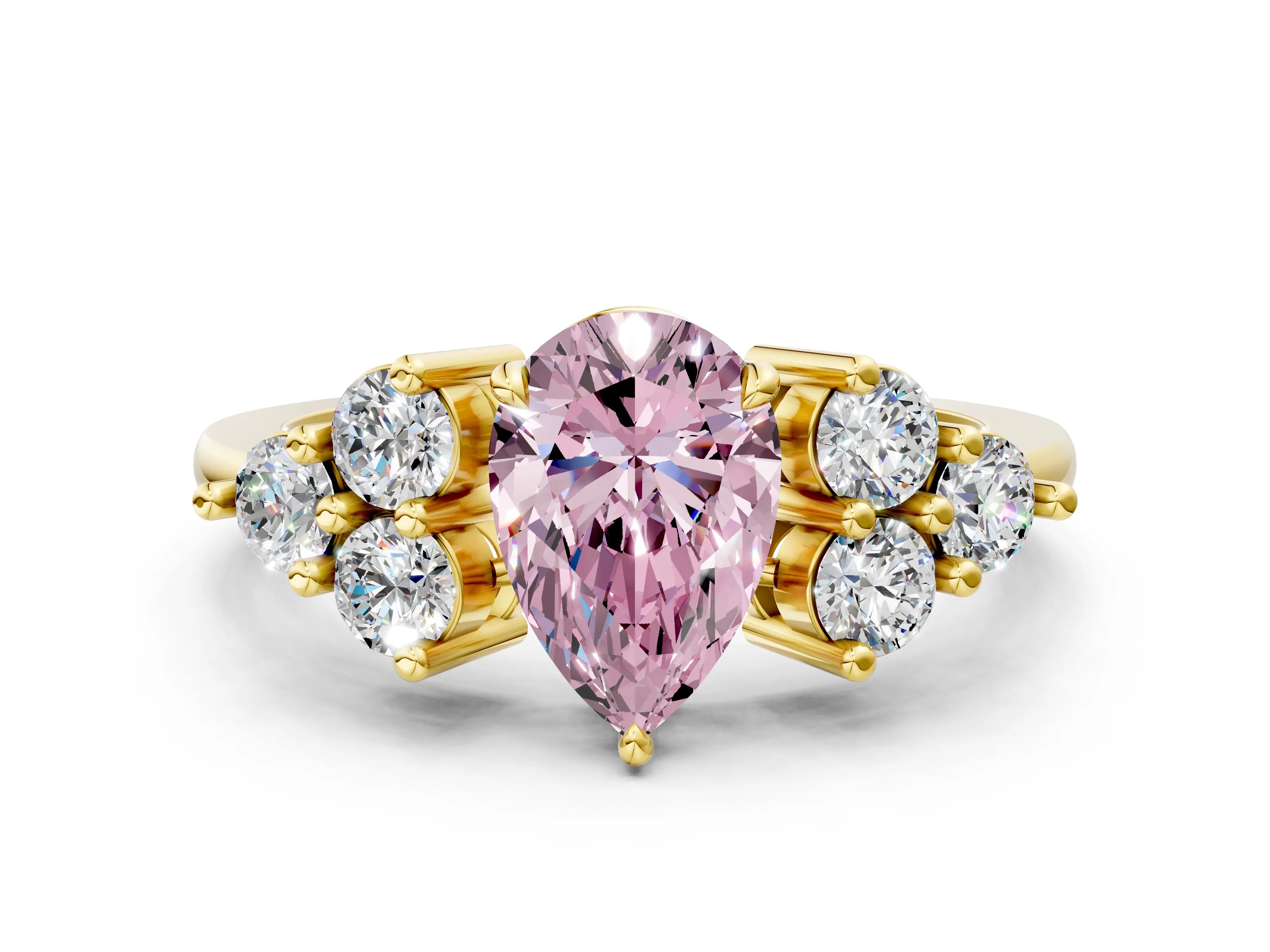 Yellow gold Fancy Pink Pear Cut Brilliant Diamond Cluster Accent Solitaire Ring with Prong Setting