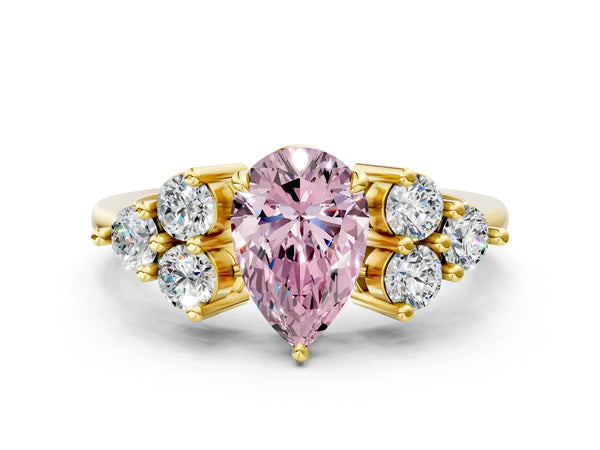 Yellow gold Fancy Pink Pear Cut Brilliant Diamond Cluster Accent Solitaire Ring with Prong Setting