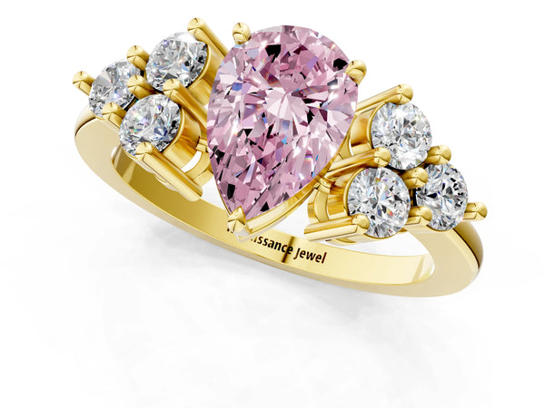 Yellow gold Fancy Pink Pear Cut Brilliant Diamond Cluster Accent Solitaire Ring with Prong Setting