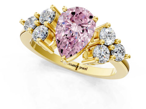 Yellow gold Fancy Pink Pear Cut Brilliant Diamond Cluster Accent Solitaire Ring with Prong Setting_1