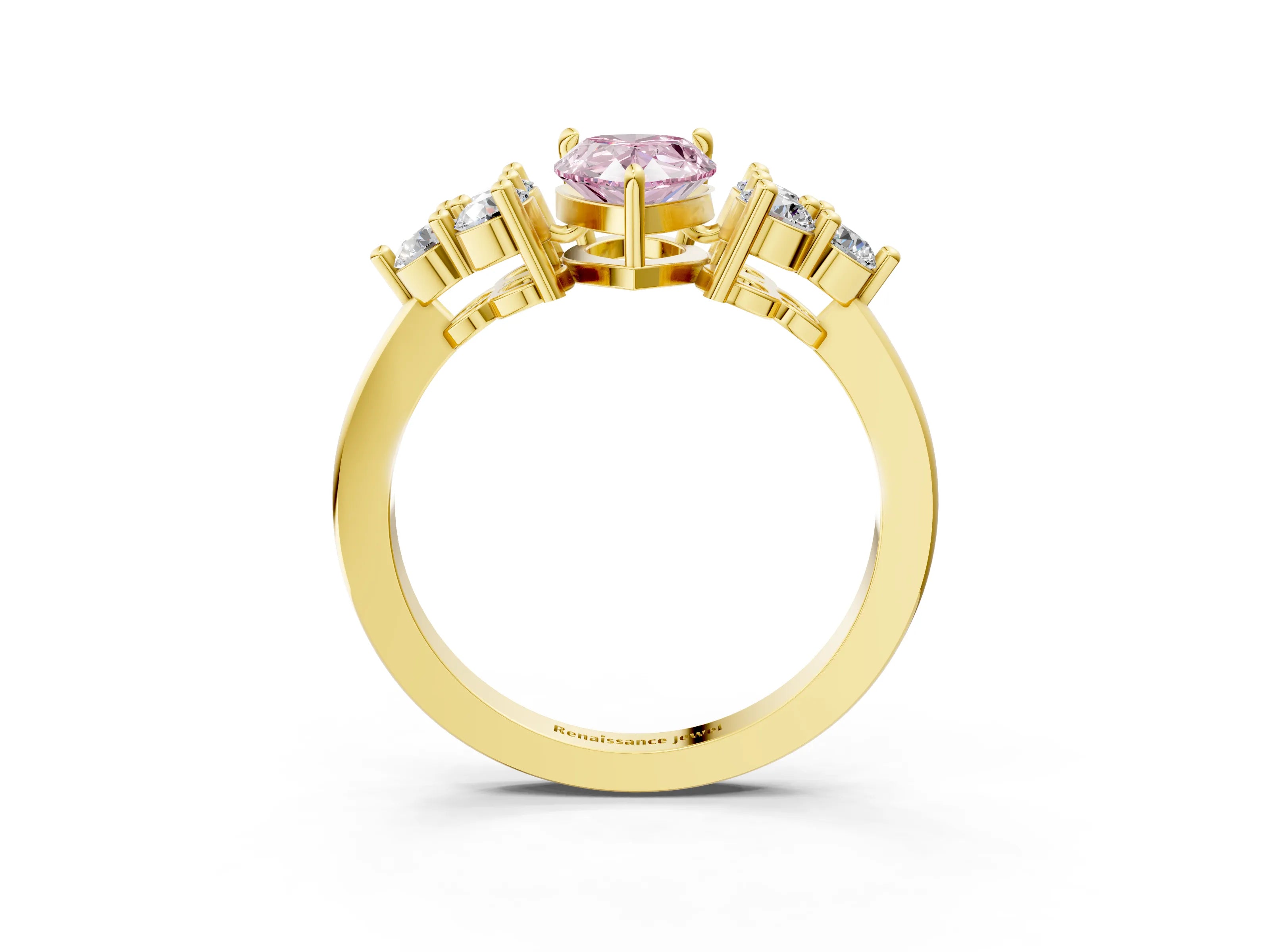 Yellow gold Fancy Pink Pear Cut Brilliant Diamond Cluster Accent Solitaire Ring with Prong Setting_3