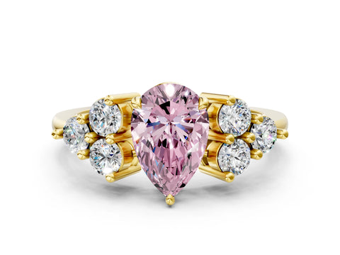 Yellow gold Fancy Pink Pear Cut Brilliant Diamond Cluster Accent Solitaire Ring with Prong Setting