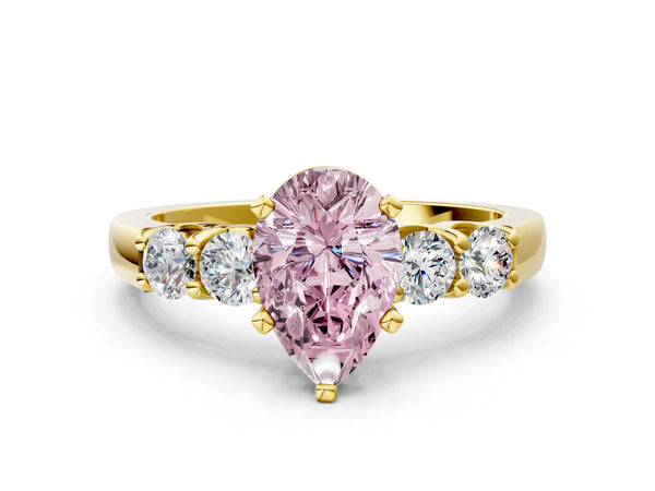 Yellow gold Fancy Pink Pear Cut Brilliant Diamond Five-Stone Engagement Ring with Prong Setting on a Classic Band