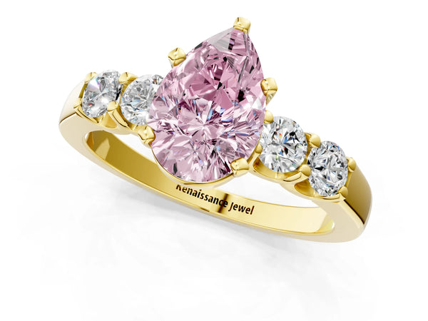Yellow gold Fancy Pink Pear Cut Brilliant Diamond Five-Stone Engagement Ring with Prong Setting on a Classic Band