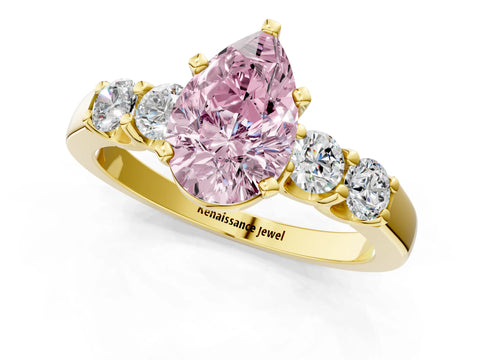Yellow gold Fancy Pink Pear Cut Brilliant Diamond Five-Stone Engagement Ring with Prong Setting on a Classic Band_4
