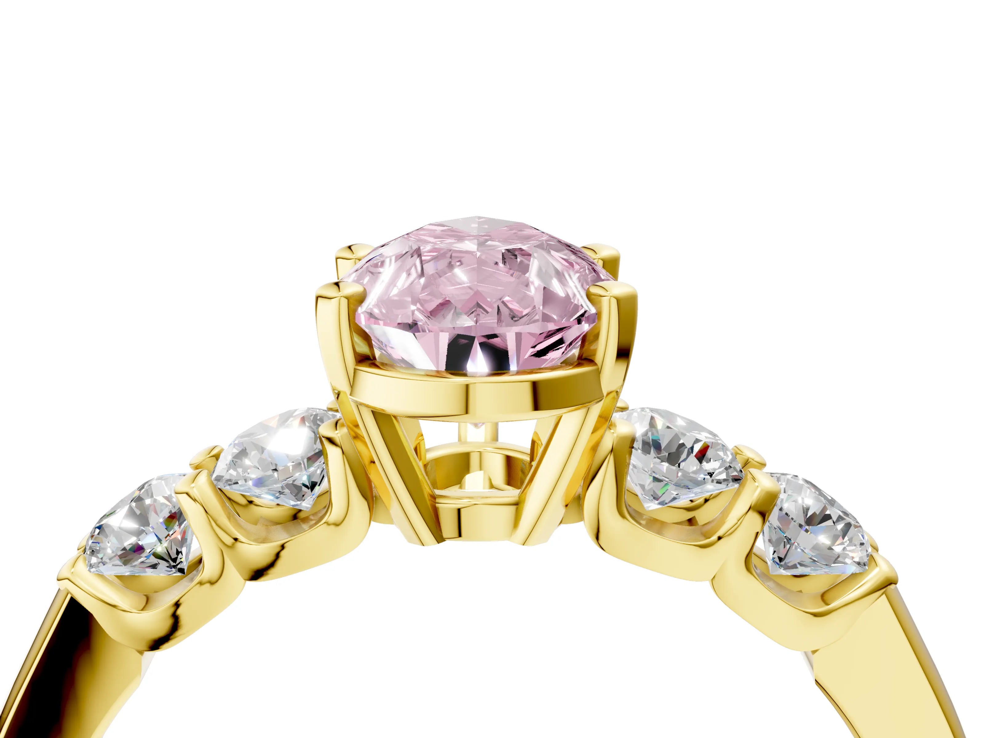 Yellow gold Fancy Pink Pear Cut Brilliant Diamond Five-Stone Engagement Ring with Prong Setting on a Classic Band_7