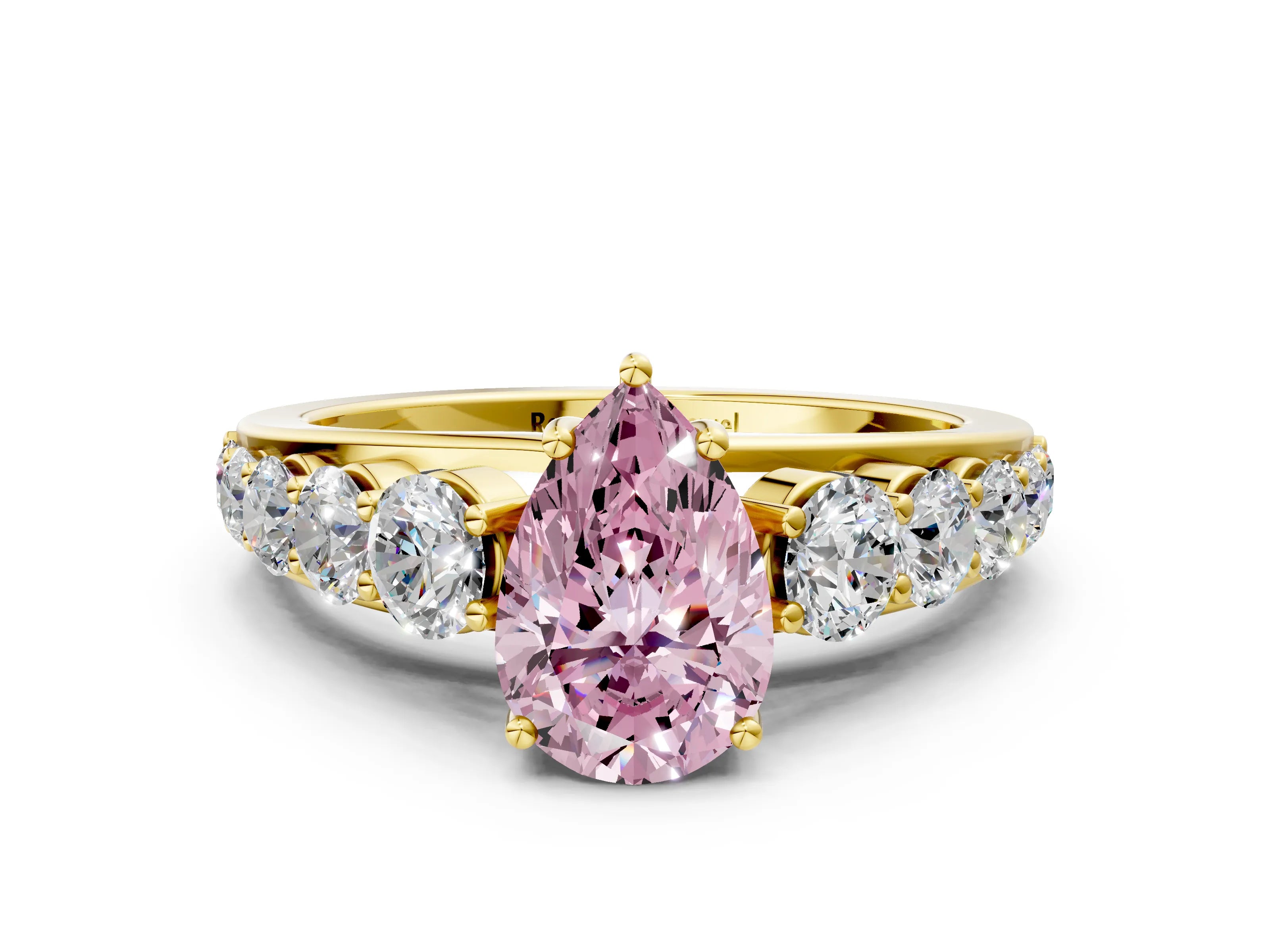 Yellow gold Fancy Pink Pear Cut Brilliant Diamond Pavé Band with Six-Prong Setting