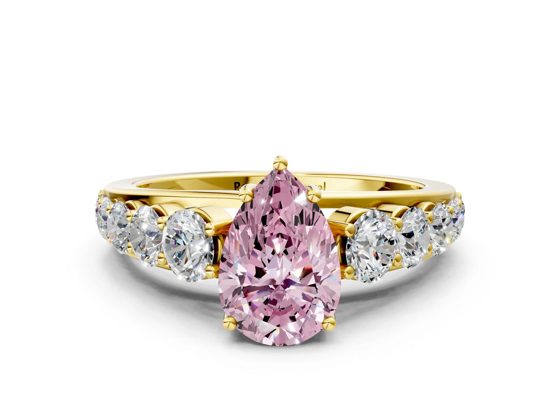 Yellow gold Fancy Pink Pear Cut Brilliant Diamond Pavé Band with Six-Prong Setting