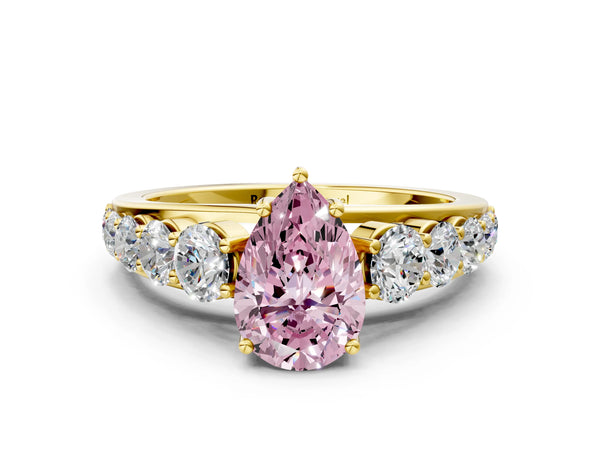 Yellow gold Fancy Pink Pear Cut Brilliant Diamond Pavé Band with Six-Prong Setting