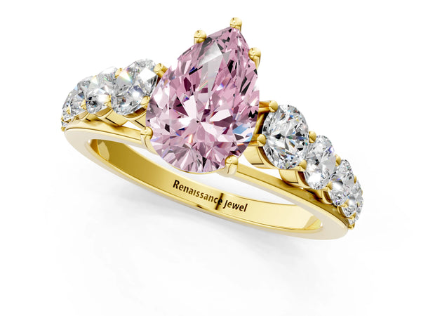 Yellow gold Fancy Pink Pear Cut Brilliant Diamond Pavé Band with Six-Prong Setting