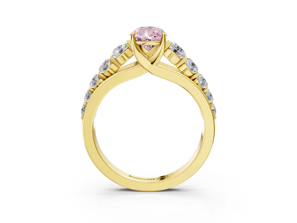 Yellow gold Fancy Pink Pear Cut Brilliant Diamond Pavé Band with Six-Prong Setting