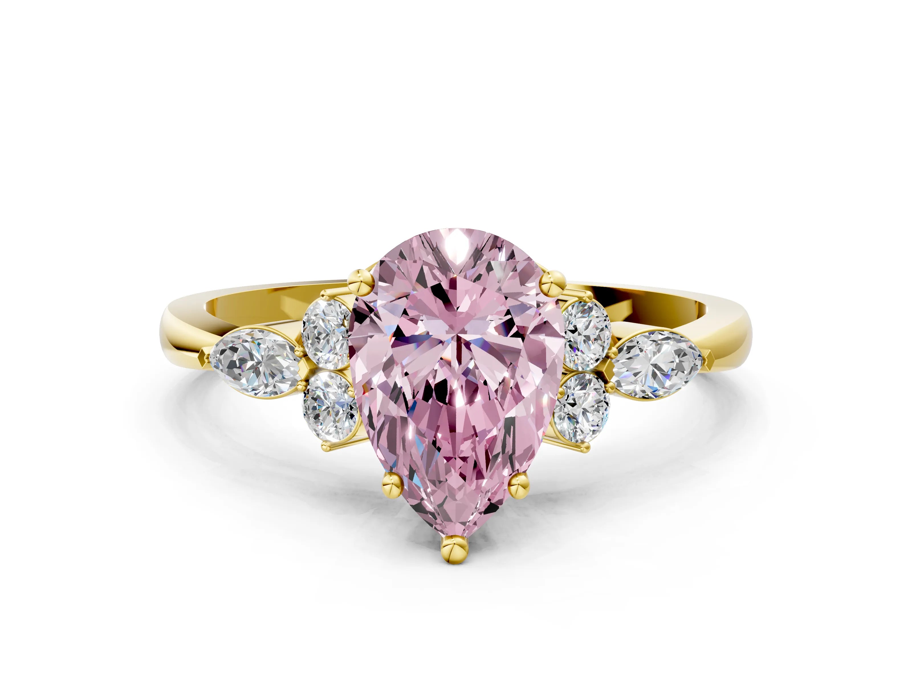 Yellow gold Fancy Pink Pear Cut Brilliant Diamond Solitaire Ring with Pear Side Stones and Four-Prong Setting_3