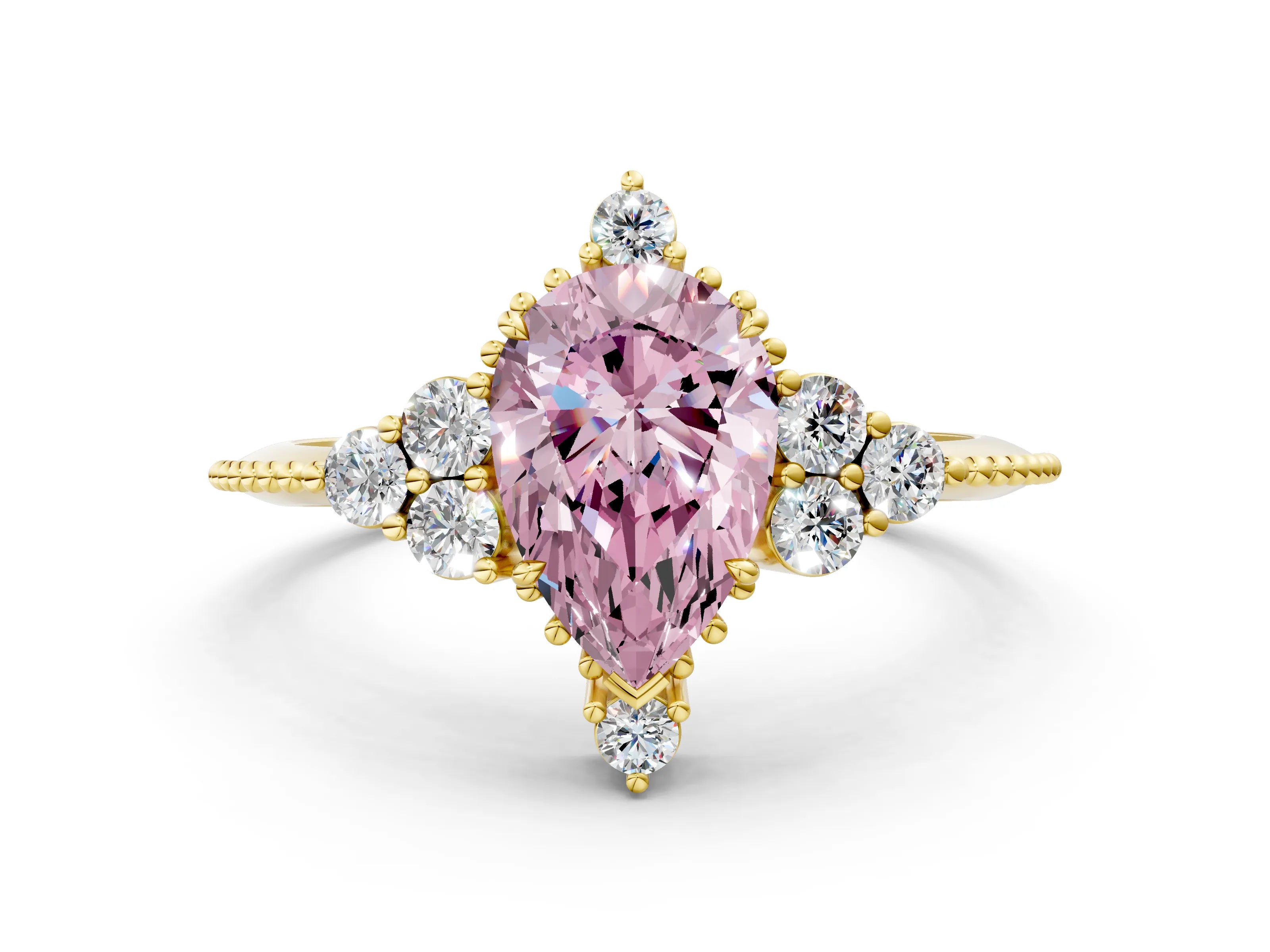 Yellow gold Fancy Pink Pear Cut Brilliant Diamond with Cluster Setting on a Beaded Band and Four-Prong Setting