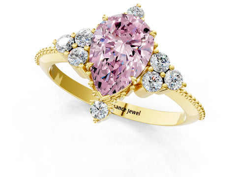 Yellow gold Fancy Pink Pear Cut Brilliant Diamond with Cluster Setting on a Beaded Band and Four-Prong Setting_1