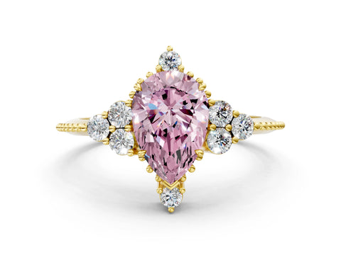 Yellow gold Fancy Pink Pear Cut Brilliant Diamond with Cluster Setting on a Beaded Band and Four-Prong Setting