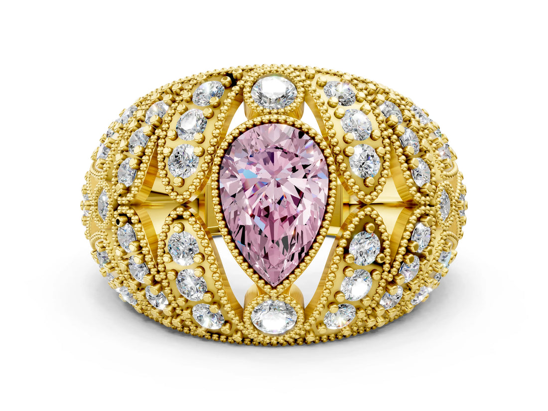 Yellow gold Fancy Pink Pear Cut Brilliant Halo Pave Diamond Milgrain Ring