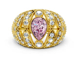 Yellow gold Fancy Pink Pear Cut Brilliant Halo Pave Diamond Milgrain Ring