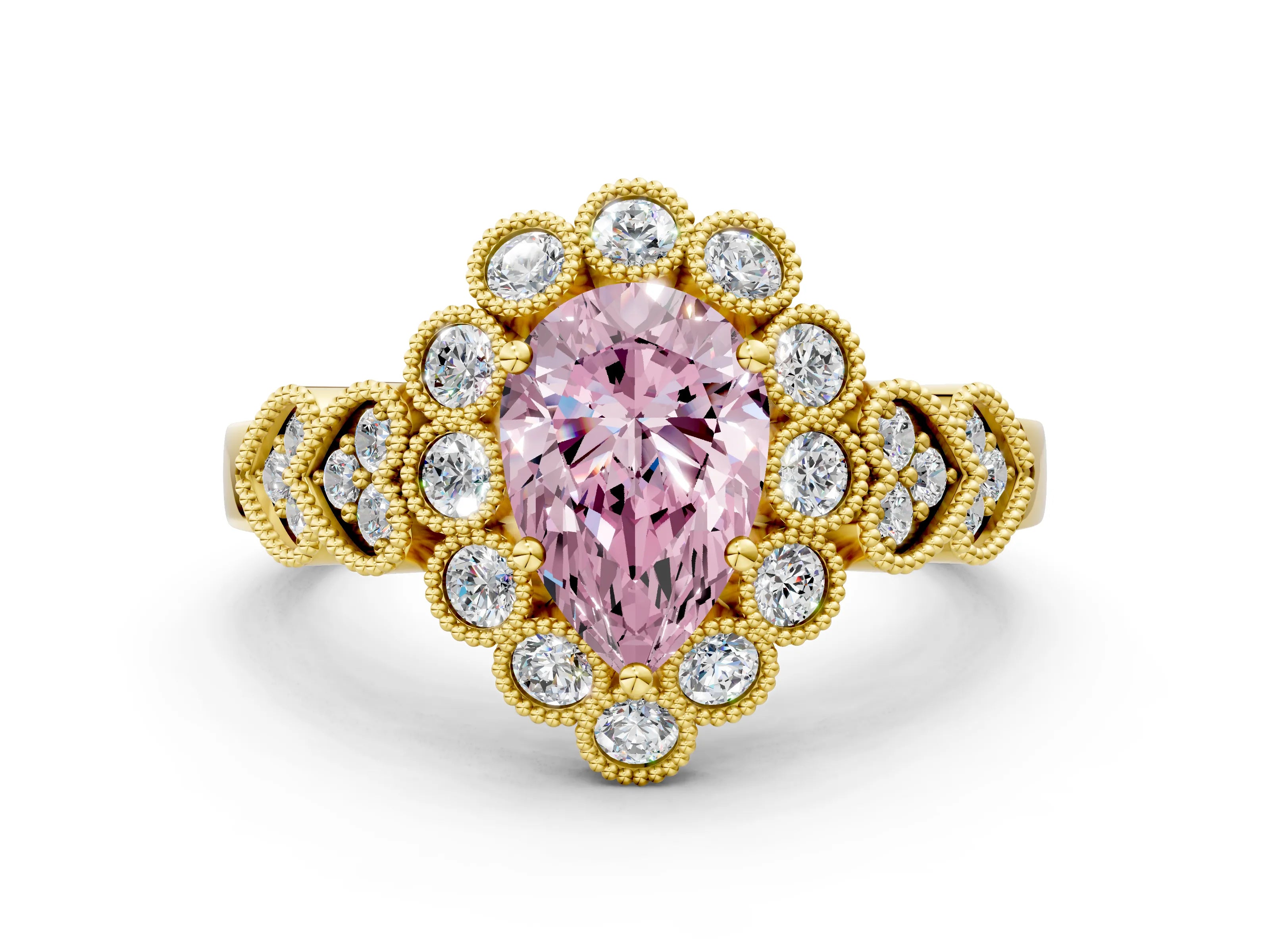 Yellow gold Fancy Pink Pear Cut Brilliant Milgrain Pave Heart Band Solitaire Ring