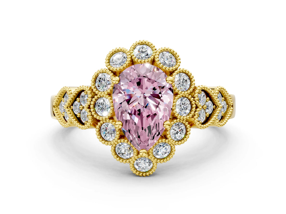 Yellow gold Fancy Pink Pear Cut Brilliant Milgrain Pave Heart Band Solitaire Ring